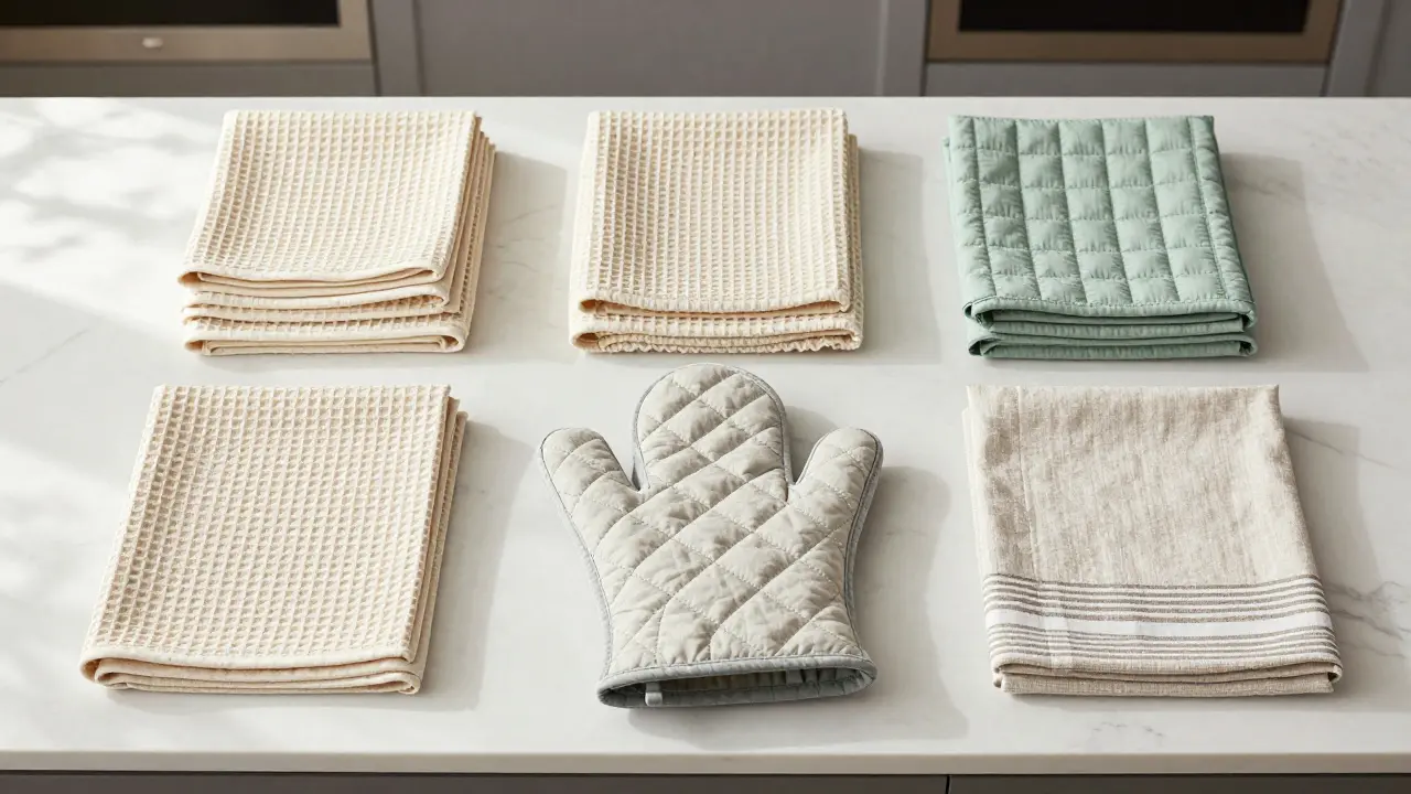 Různé typy kvalitních kuchyňských textilií na bílém podložce