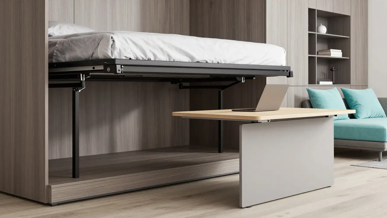 Sklopná postel vysunutá ze zdi v malém bytě