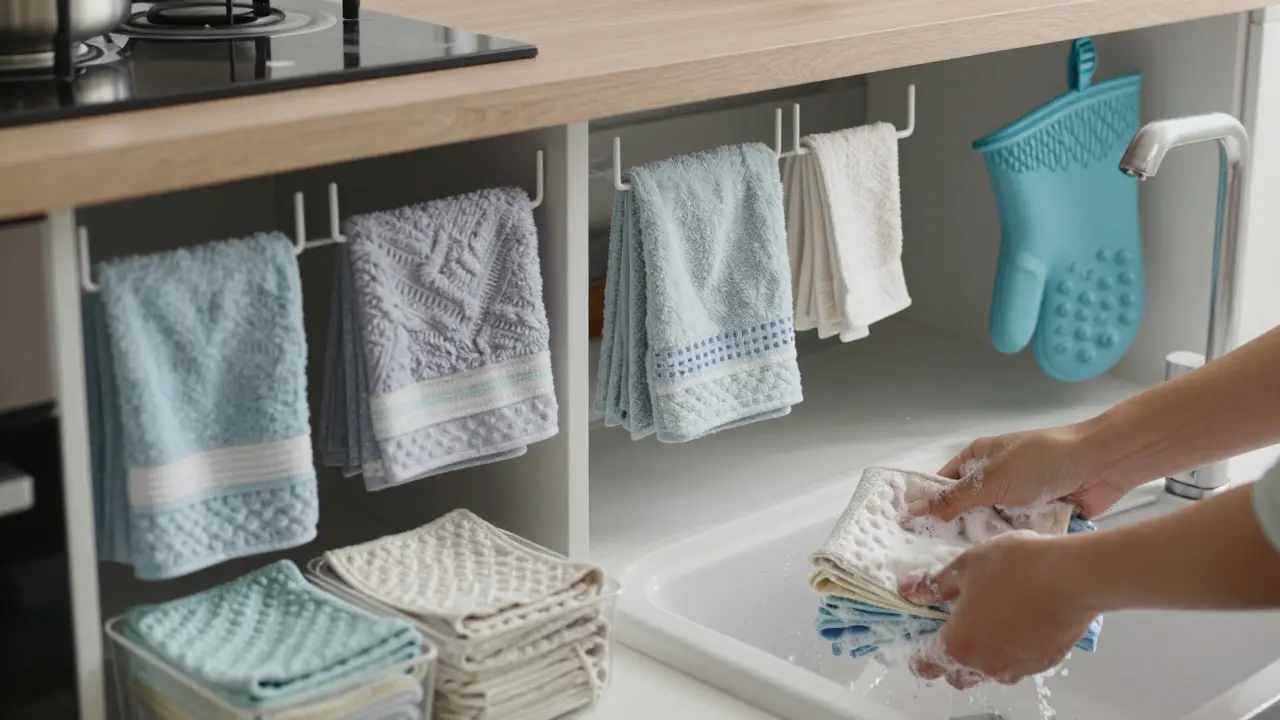 Upravená kuchyně se složitými utěrkami a chňapkami