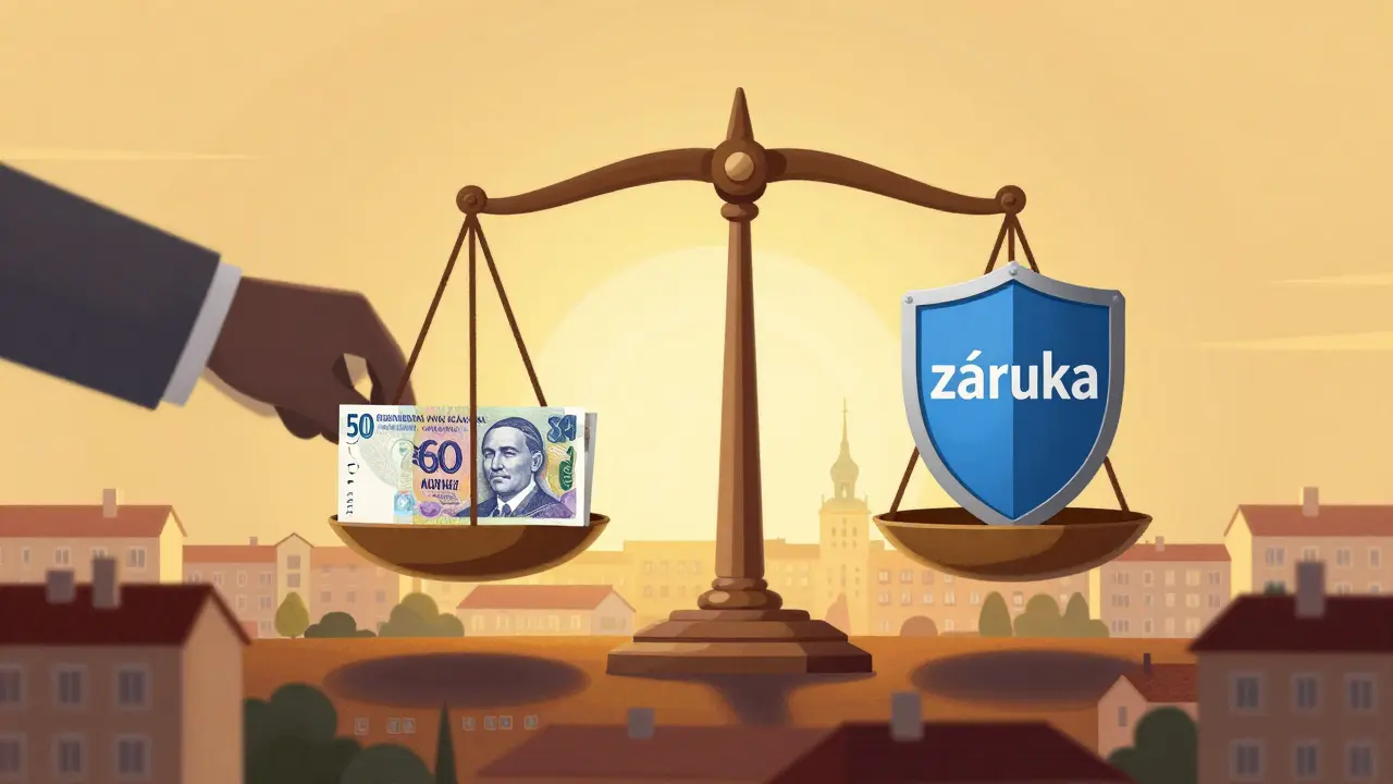 Váha s třemi měsíčními nájmy na jedné straně a štítem záruky na druhé, symbolizující spravedlnost.