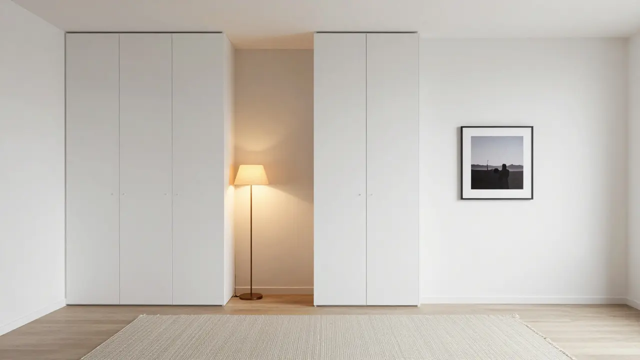 Živý prostor s vertikálními úložišti, jednou kobercem, lampou a jedním rámkem, bez jakéhokoli šumu nebo předmětů.