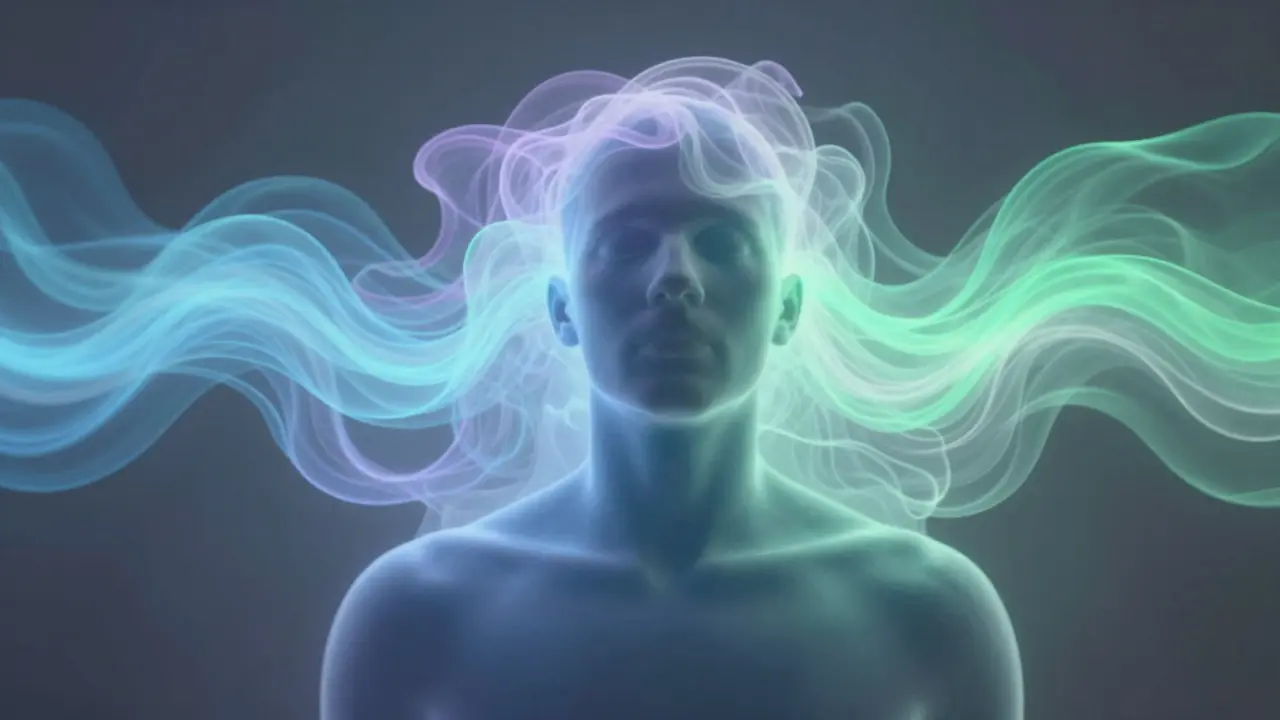 Abstraktní zobrazení uklidňujících vln modré, zelené a fialové barvy kolem lidské siluety.