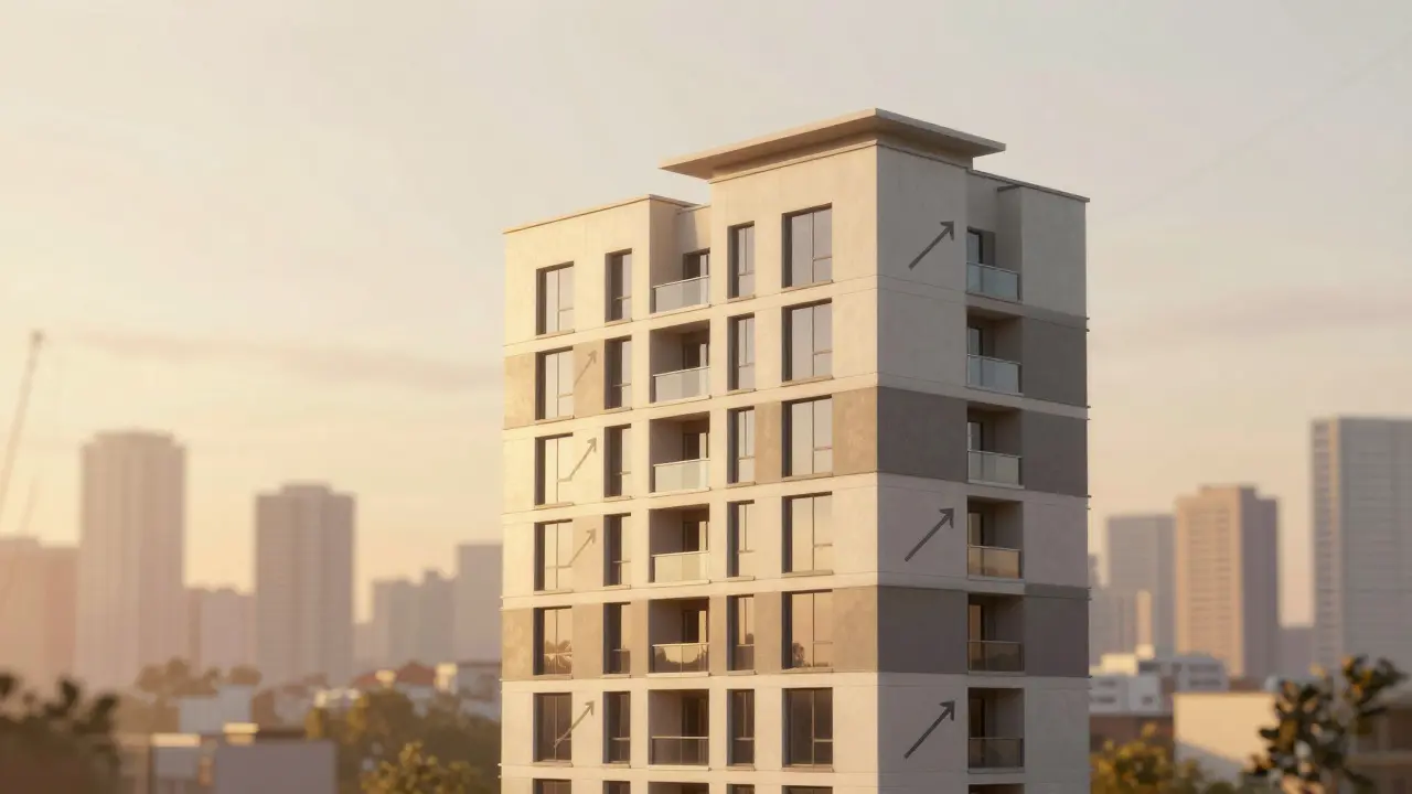 Bytový dům se symbolikou rostoucí hodnoty na pozadí