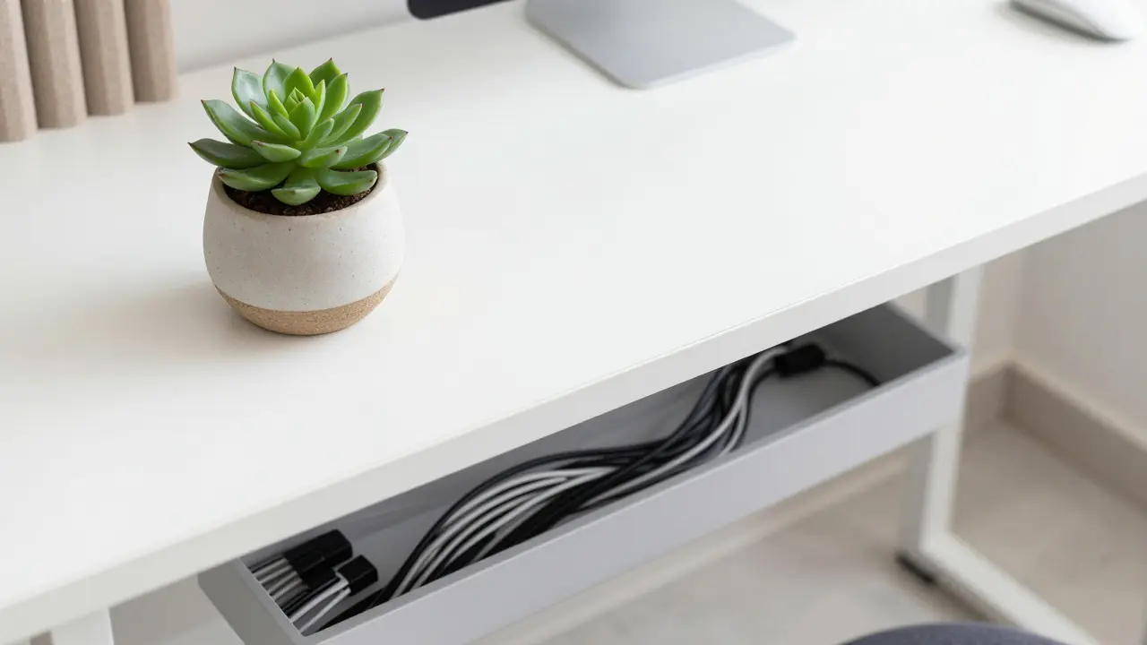 Detail čistého pracovního stolu s malou rostlinou a organizovaným kabelážním systémem.