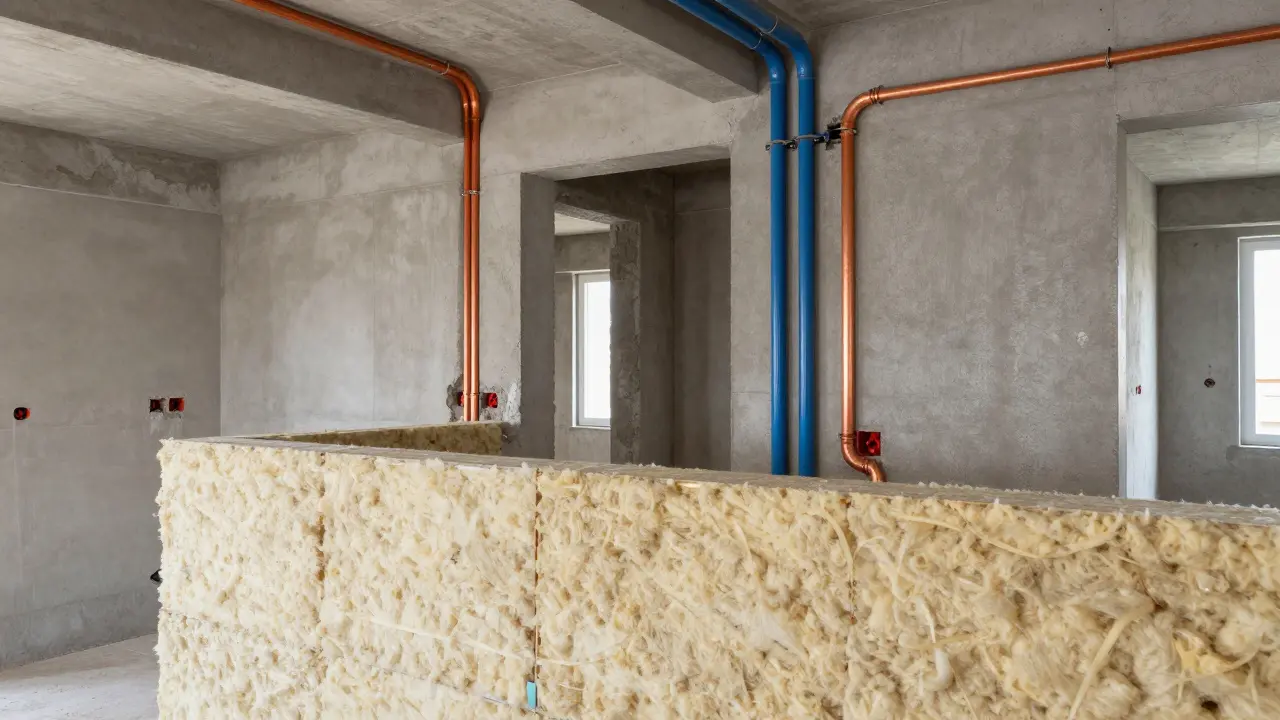 Detail instalace nových rozvodů a minerální izolace během rekonstrukce bytu.