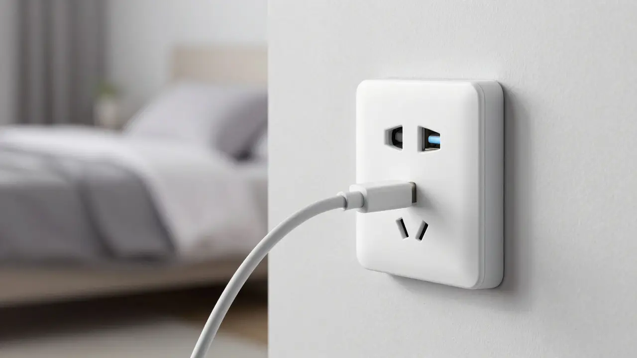 Detail moderní zásuvky s integrovaným USB portem v ložnici.