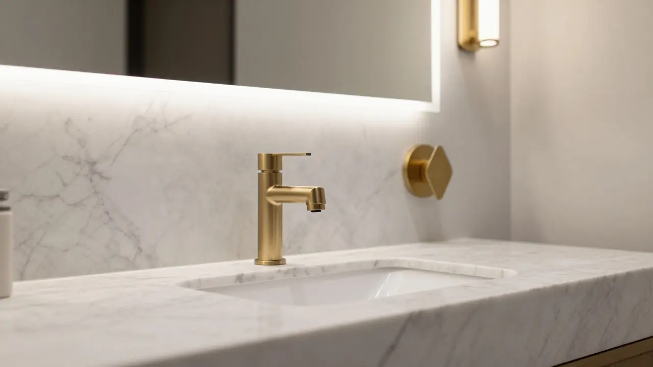 Detail mramorového pultu s moderním LED zrcadlem a mosazným geometrickým svítkem.