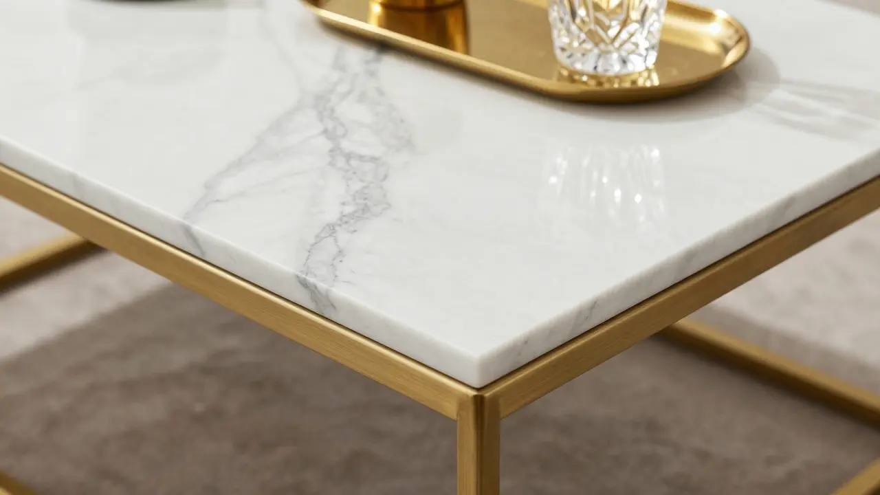 Detail mramorového stolku s mosaznými prvky a krystalovou sklenicí.