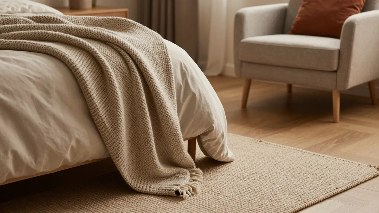Detail útulných textur v ložnici, včetně vlněné přikrývky a pleteného koberce.