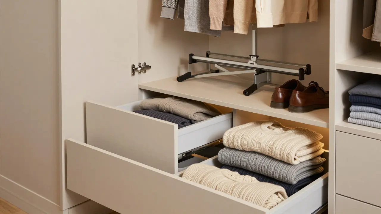 Detail vnitřní organizace skříně s plnovýsuvnými zásuvkami a LED osvětlením.