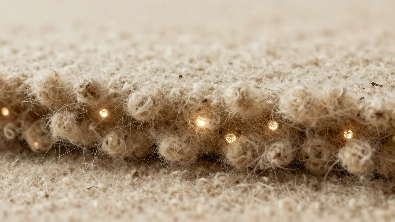 Detailní makro pohled na husté vlákna koberce znázornující tepelnou a akustickou izolaci.