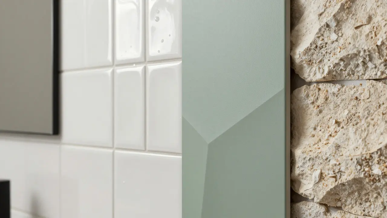 Detailní srovnání různých materiálů 3D obkladů: keramika, sádra a přírodní kámen.