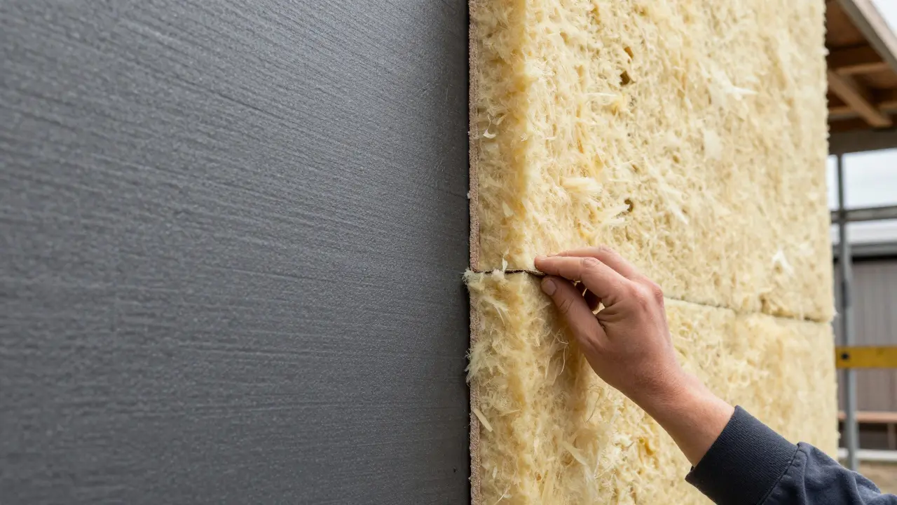 Detailní srovnání šedého polystyrenu a minerální vaty při montáži na stěnu domu.