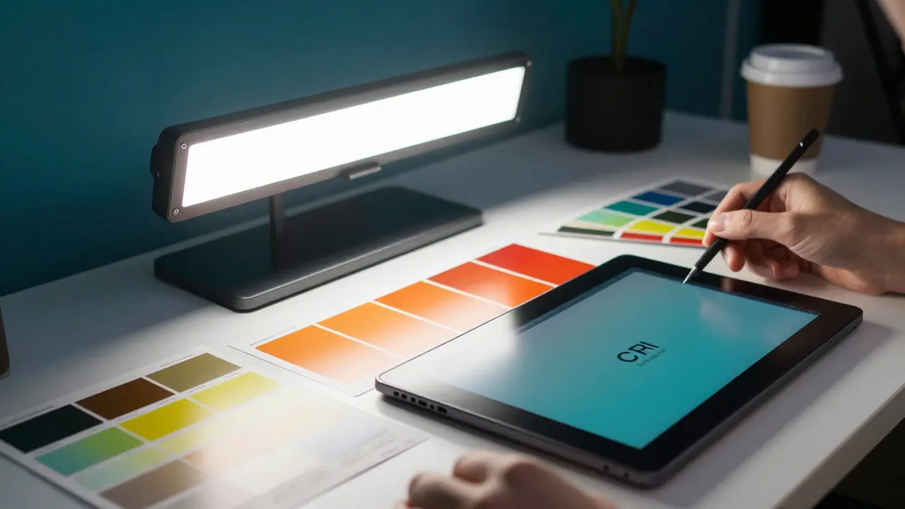 Detailní záběr na designérský stůl s přesným podáním barev díky full-spektrum LED lampě.