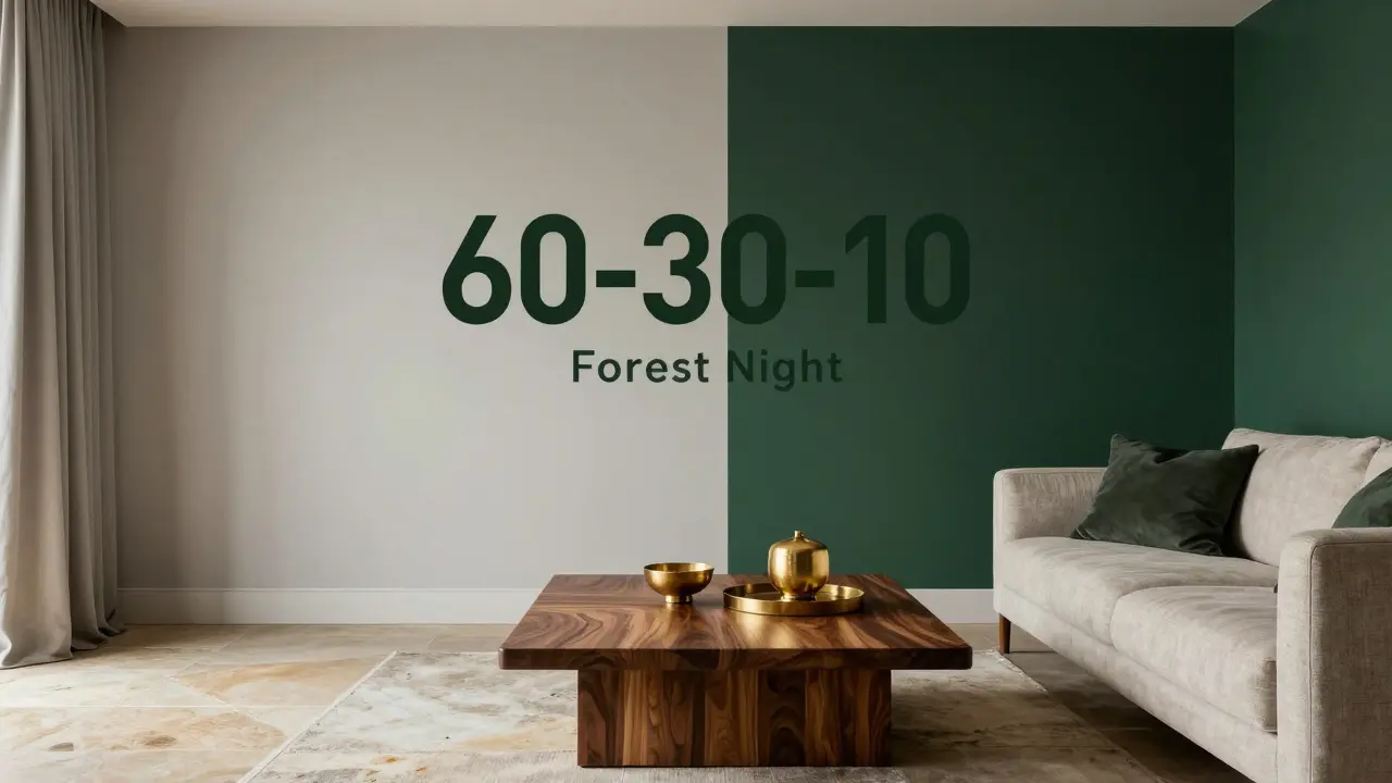 Elegantní interiér s tmavě zelenou akcentní stěnou, vlašským dřevem a zlatými detaily.