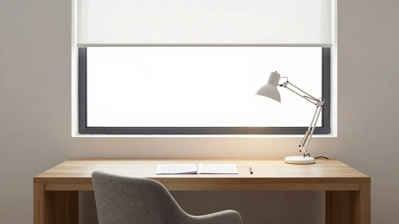 Ergonomicky rozmístěný pracovní stůl kolmo k oknu s kombinací celkového a bodového světla.