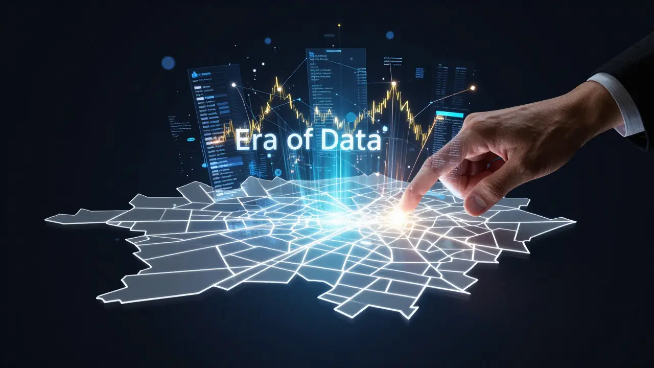 Futuristická digitální mapa města s holografickými daty realitního trhu.