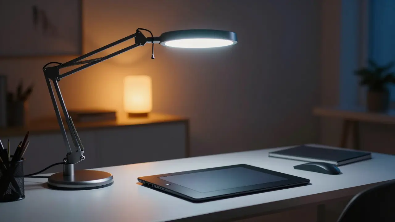 Futuristická smart LED lampa s nastavitelnou teplotou barev v kreativním prostoru.