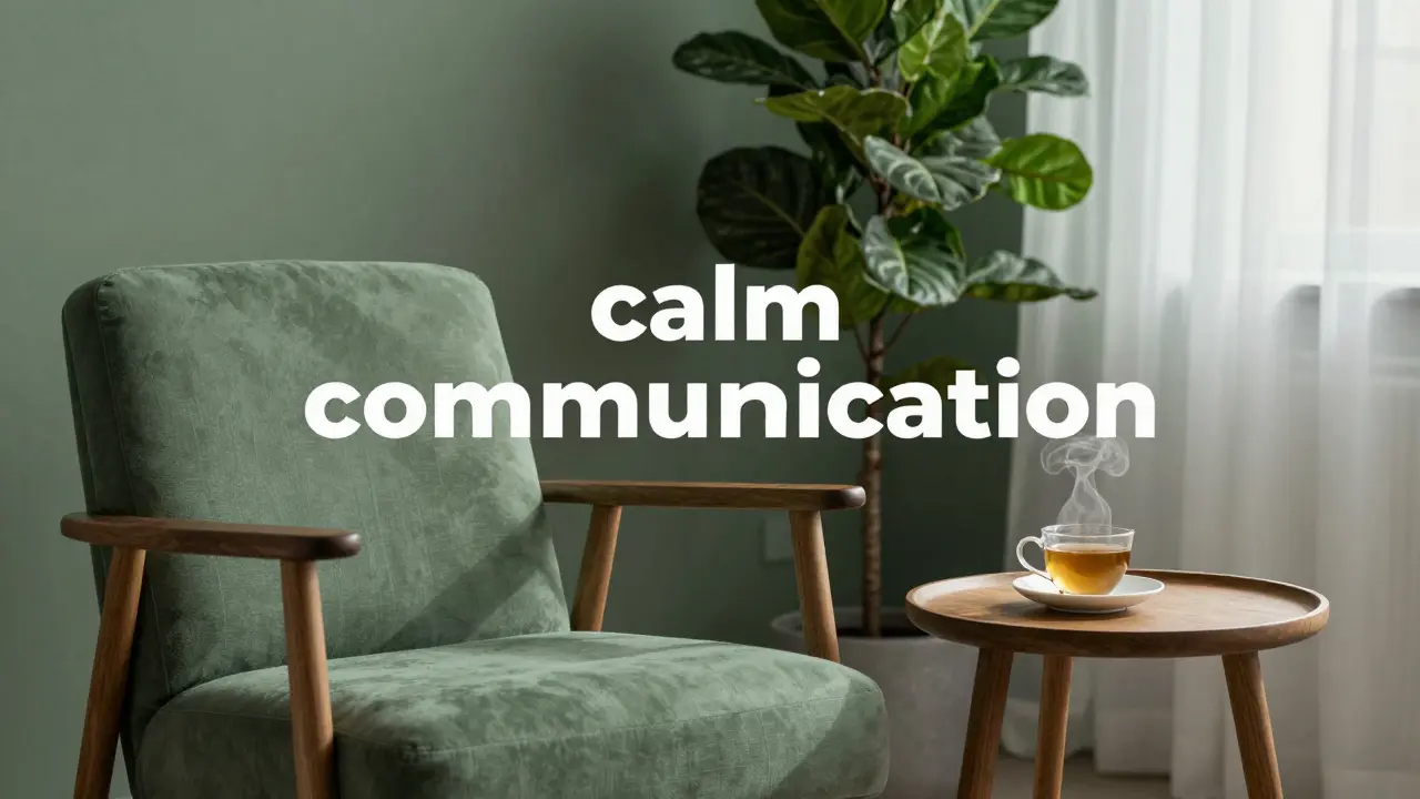 Klidný interiér v odstínech šalvějové zelené a hnědého dřeva pro relaxaci.