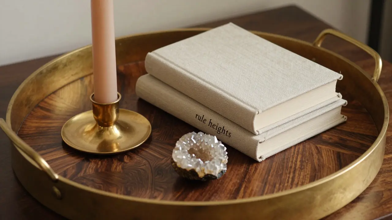 Kompozice předmětů různých výšek na dřevěném tácu s kovovým okrajem.