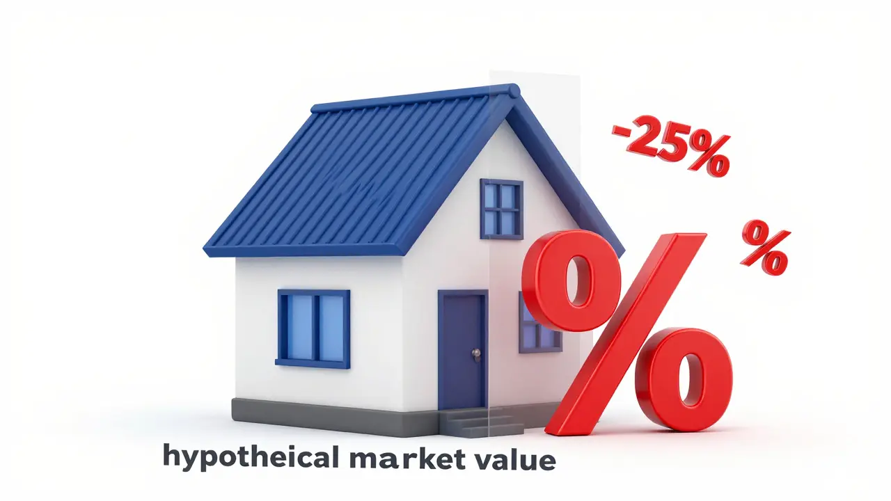 Konceptuální ilustrace domu s procentuálním snížením jeho tržní hodnoty.