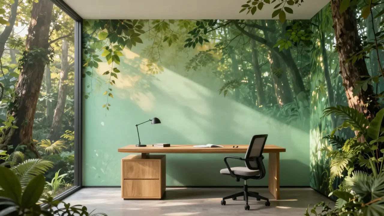 Konceptuální pracovní prostor, kde se světle zelená stěna plynule mění v hustý les.