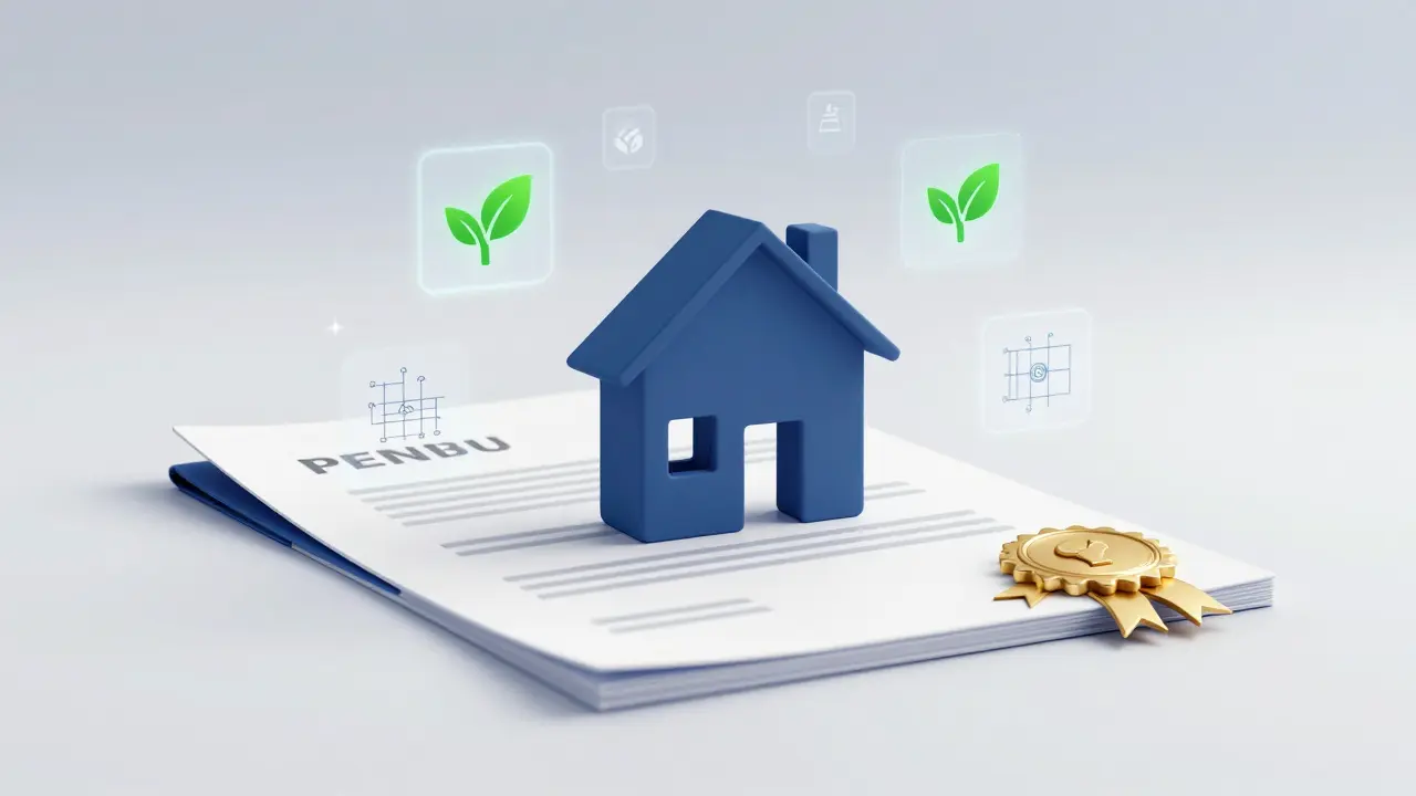 Konceptuální znázornění domu na právním dokumentu s energetickým symbolem.