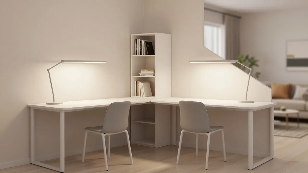 L-tvarové uspořádání dvou pracovních stolů v malé místnosti oddělené nízkým regálem.