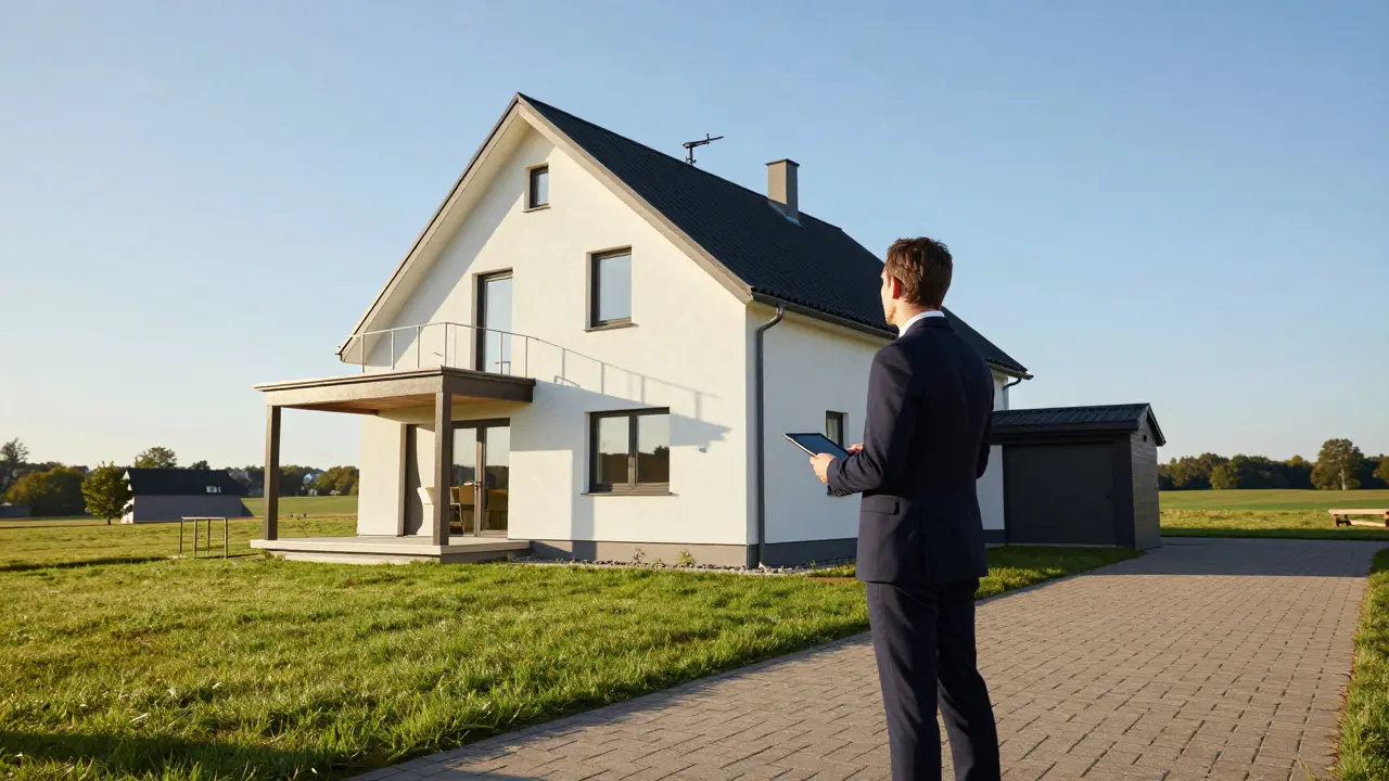 Moderní dům se studiem a realitní expert provádějící ocenění nemovitosti.