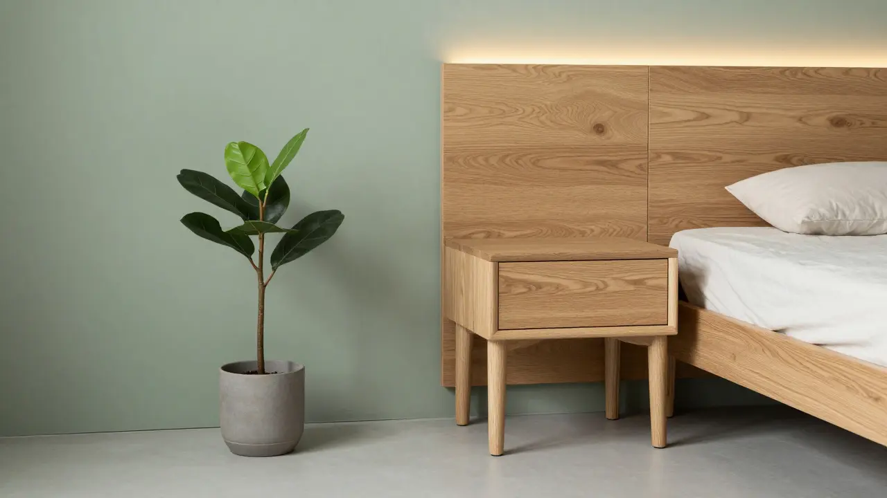 Moderní minimalistický nábytek z řezaného dřeva s rostlinou a jemným LED osvětlením.