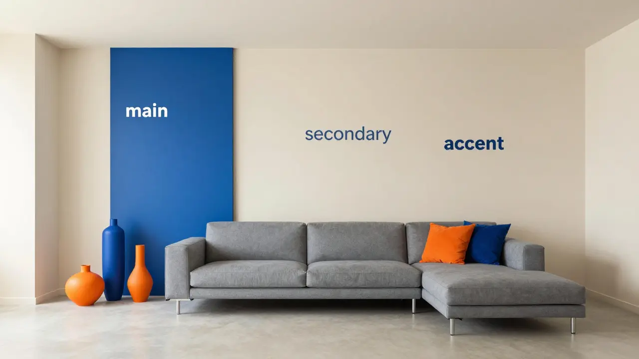 Moderní obývací pokoj v béžové a šedé barvě s petrol-modrými a oranžovými doplňky.