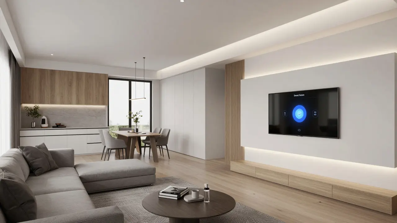Moderní obývací pokoj v paneláku s chytrými systémy a minimalistickým designem.