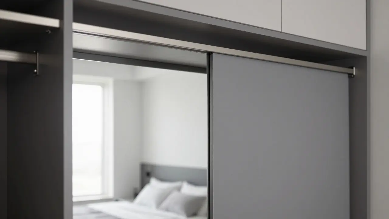 Moderní posuvné dveře skříně v kombinaci zrcadla a matního laminátu.