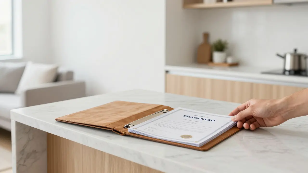 Organizovaná složka s dokumenty v moderním, světlém interiéru bytu.