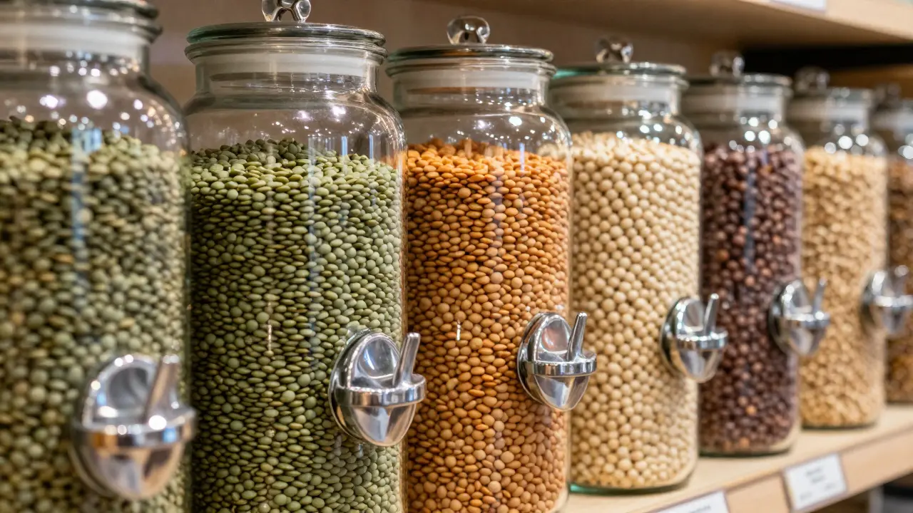 Plnění skleněných nádob sypkovými potravinami v bezobalovém obchodě.