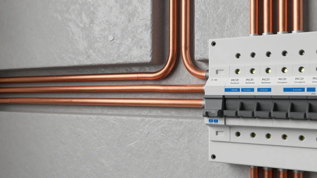 Schématický pohled na měděné rozvody a proudový chránič v rozvaděči.