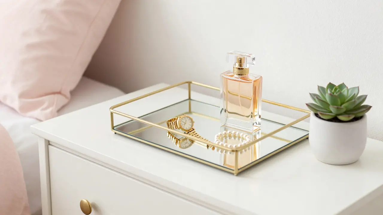 Skleněný tác s šperky a parfémem na světlé komodě v ložnici.