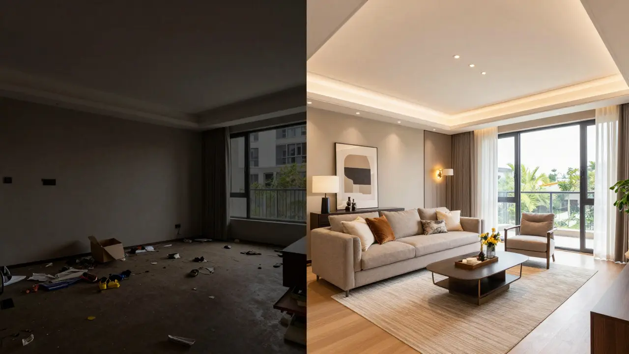 Srovnání amatérské a profesionální fotografie interiéru nemovitosti.