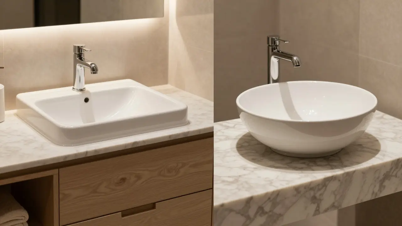 Srovnání praktického umyvadla ve skříňce a elegantního umyvadla na desce.
