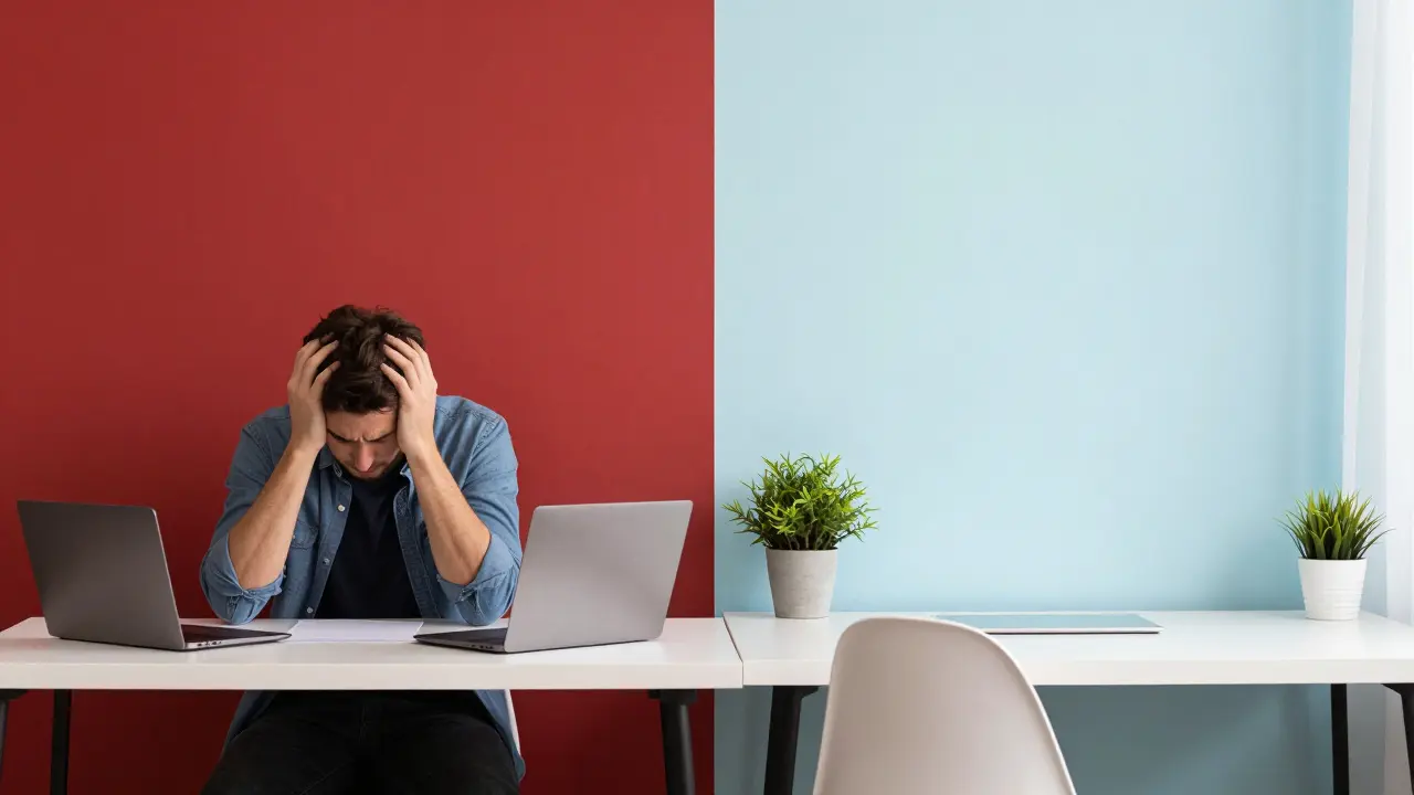 Srovnání stresující červené a uklidňující modré pracovní kanceláře.