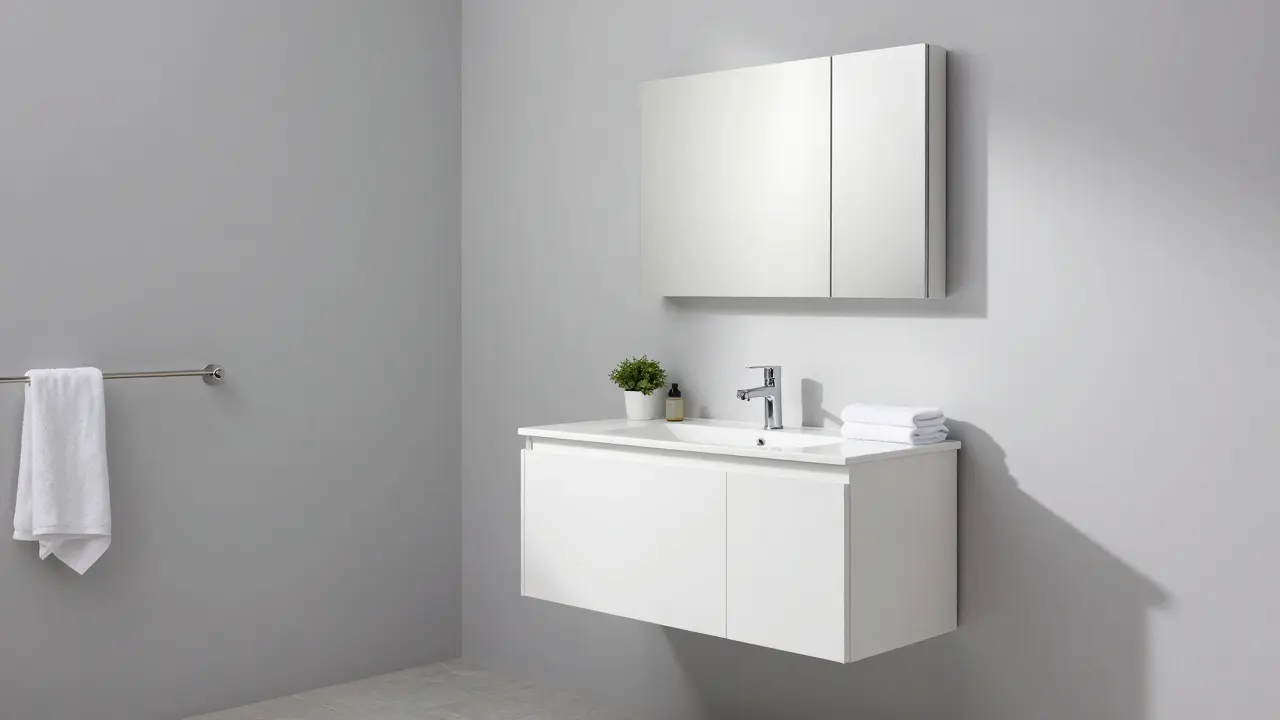 Světlá malá koupelna s phosphorylated závěsnou skříňkou a zrcadlovým úložným prostorem.