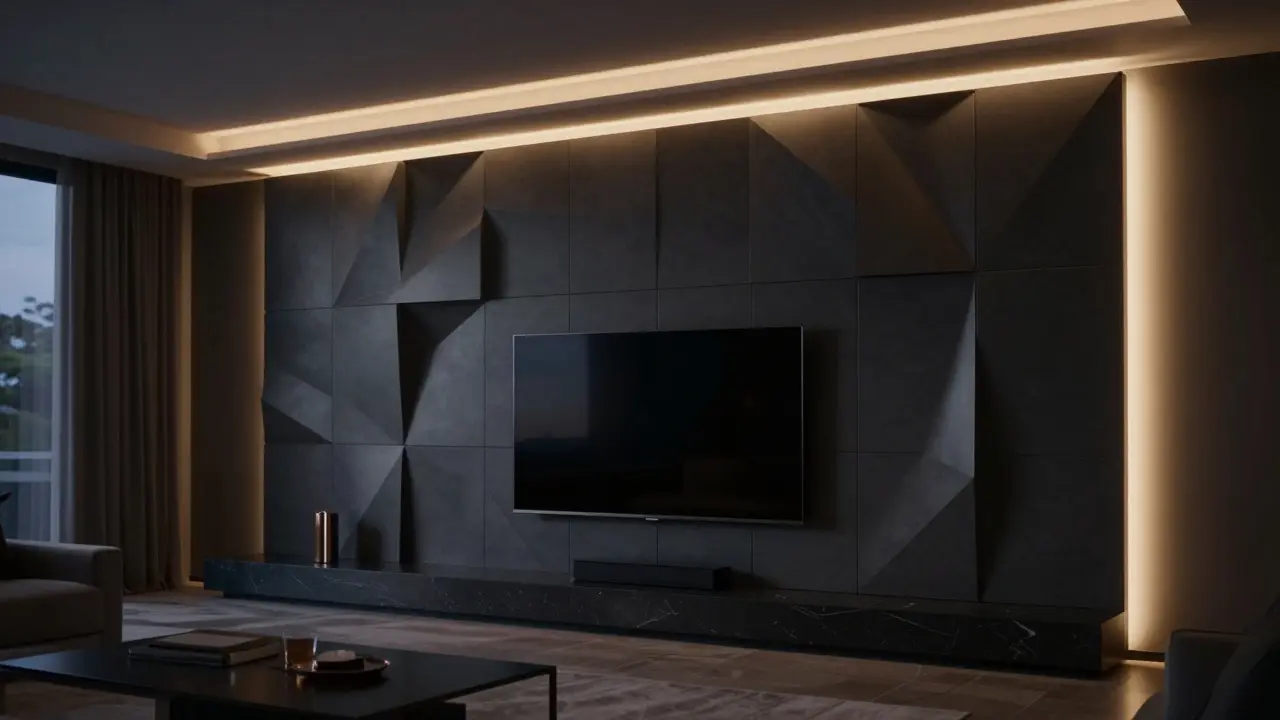 Temně šedá geometrická 3D stěna v obývacím pokoji s dramatickým LED osvětlením.