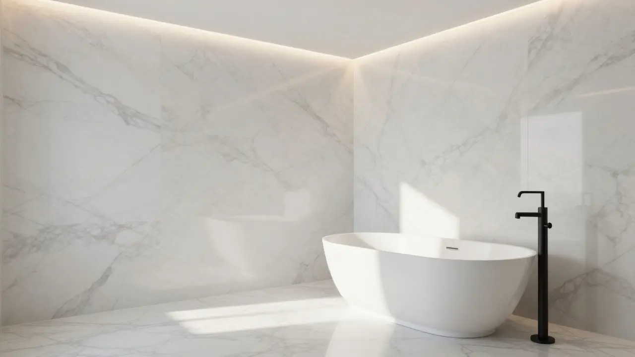 Transitional koupelna: Jak spojit luxus mramoru s moderním osvětlením