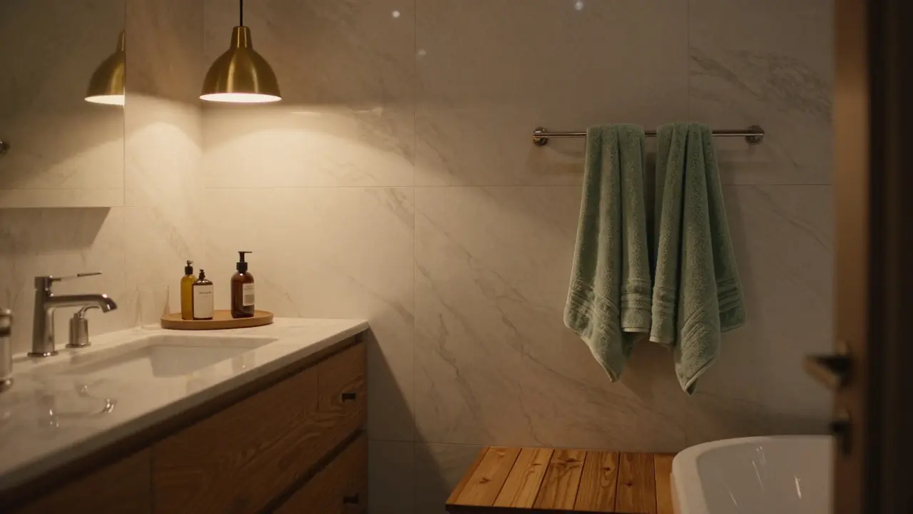 Večerní pohled na mramorovou koupelnu s teplým osvětlením a doplňky z dubového dřeva.