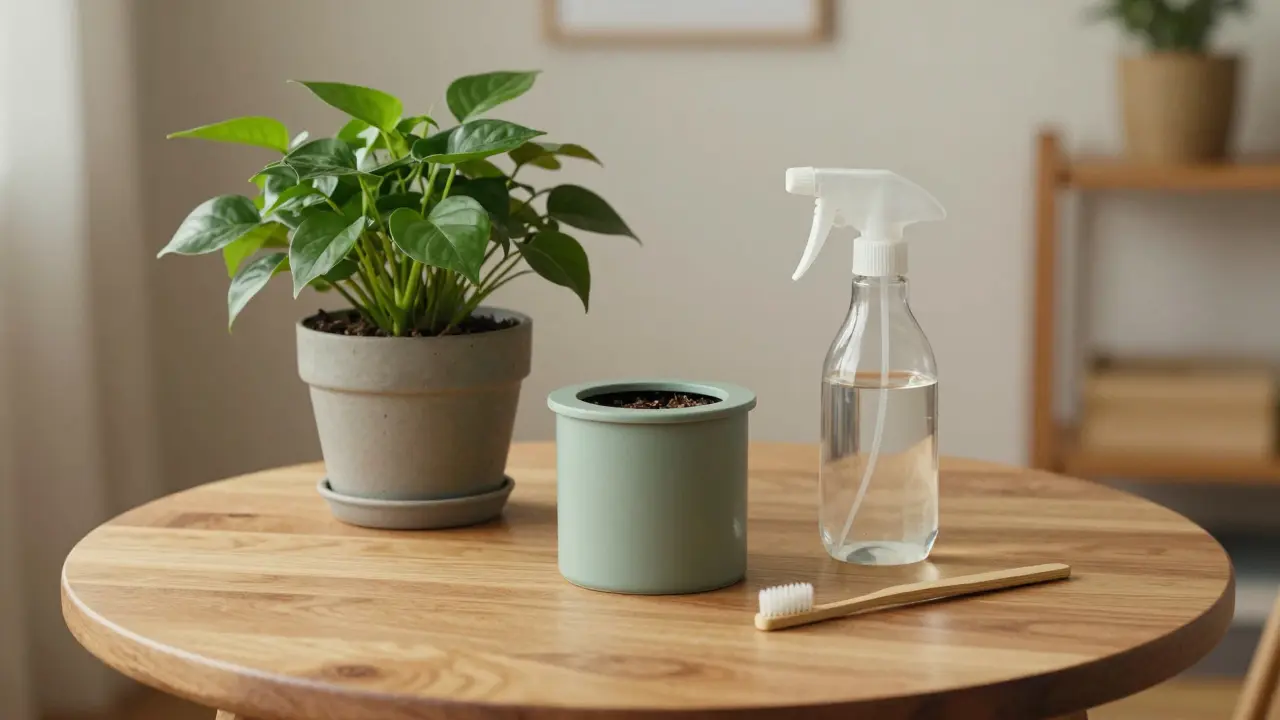 Vermikompostér a ekologické čistící prostředky vedle pokojové rostliny.