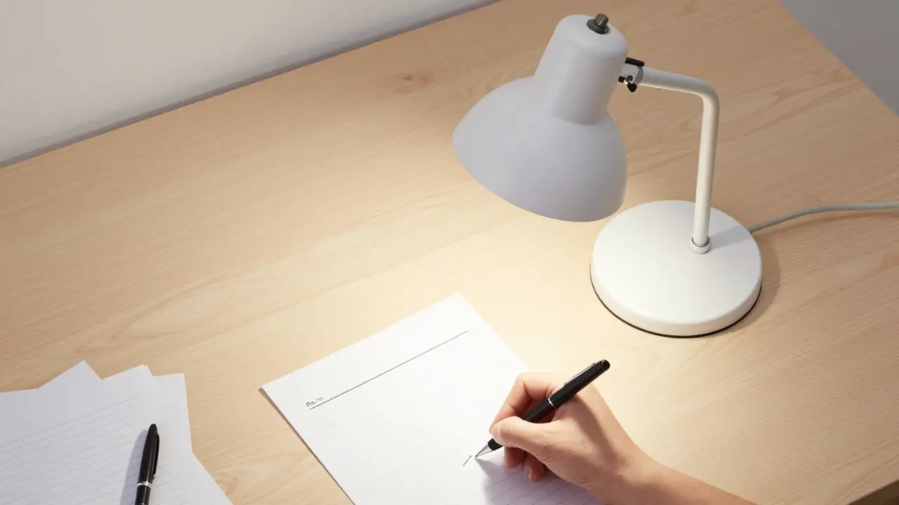 Vidorys shora pracovního stolu s lampou svítící pod správným úhlem na papíry.