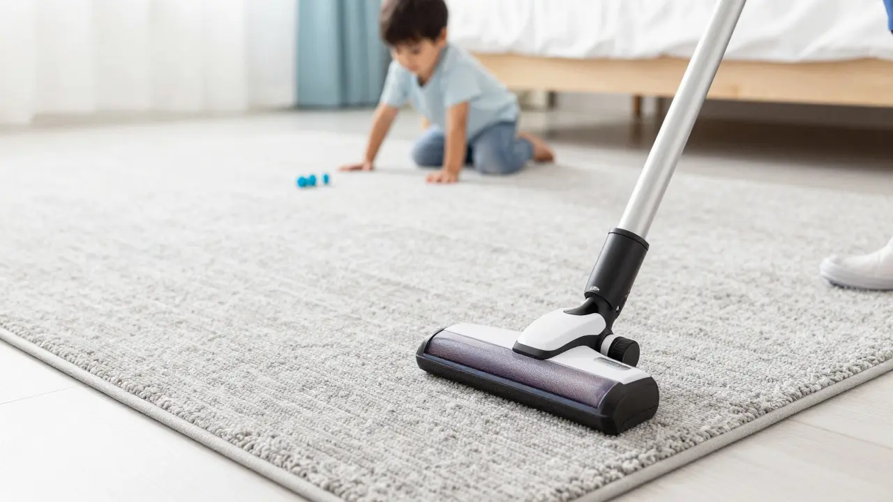 Vysávání šedého koberce v moderním interiéru ložnice pro udržení čistoty.