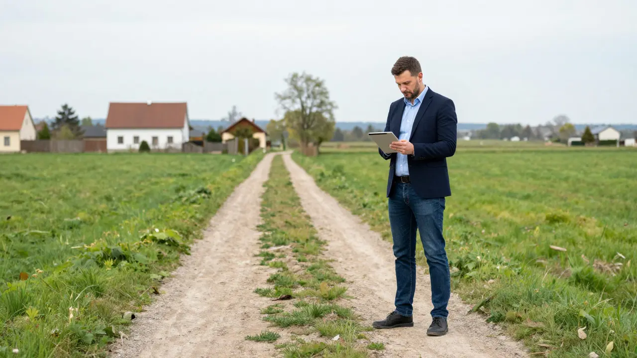 Znalec nemovitostí analyzující servitutní cestu na pozemku u domu.