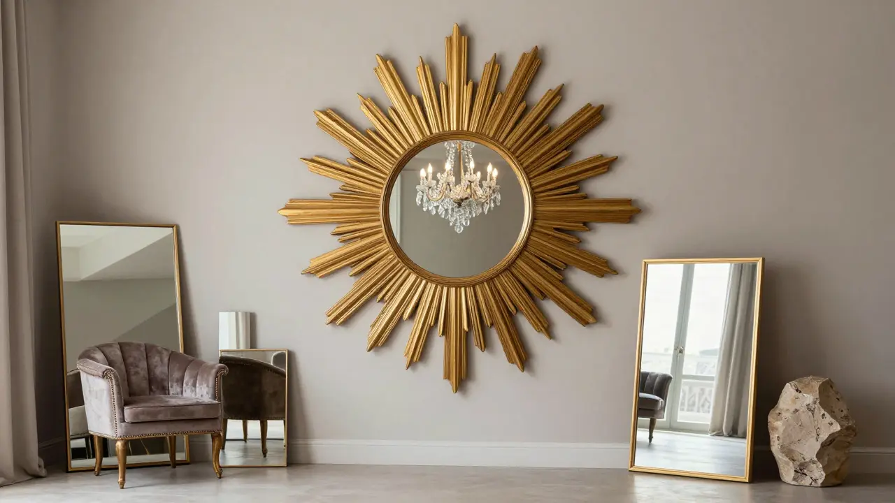 Zrcadlo ve tvaru slunce se zlatým rámem v elegantním glamour interiéru.