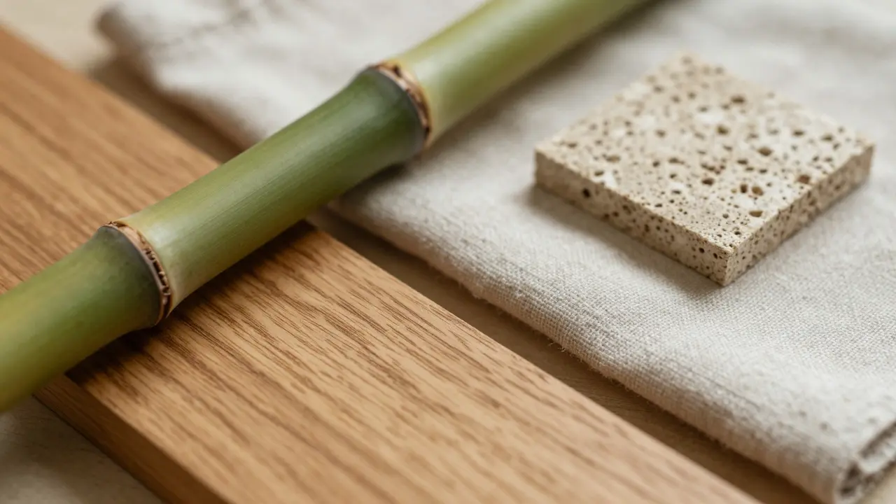 Detail ekologických materiálů: dřevo, bambus, lněná látka a mycelium